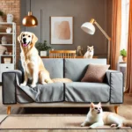 Sofá moderno protegido con forros para muebles, con un perro Golden Retriever feliz sentado y un gato curioso en la sala. Un ambiente acogedor y pet-friendly que resalta la protección y comodidad.