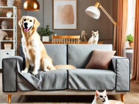 Sofá moderno protegido con forros para muebles, con un perro Golden Retriever feliz sentado y un gato curioso en la sala. Un ambiente acogedor y pet-friendly que resalta la protección y comodidad.